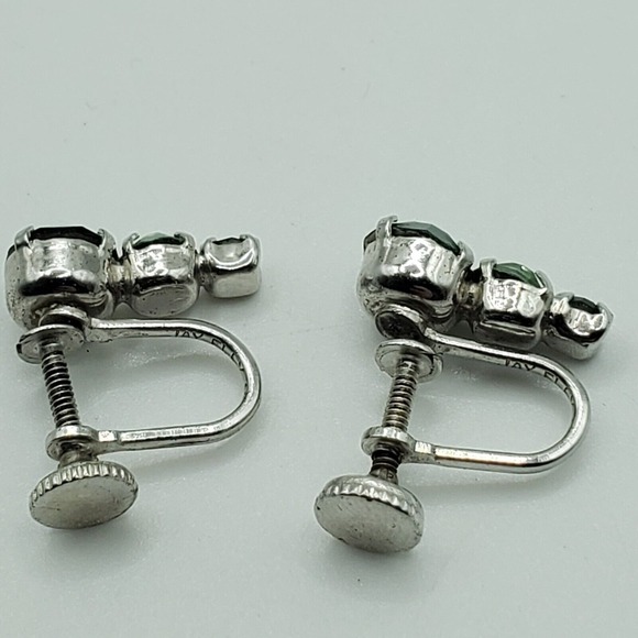 Vintage Jay Flex Sterling Earrings Green Rhinestones Screw Backs Fashion Jewelry - Picture 5 of 11